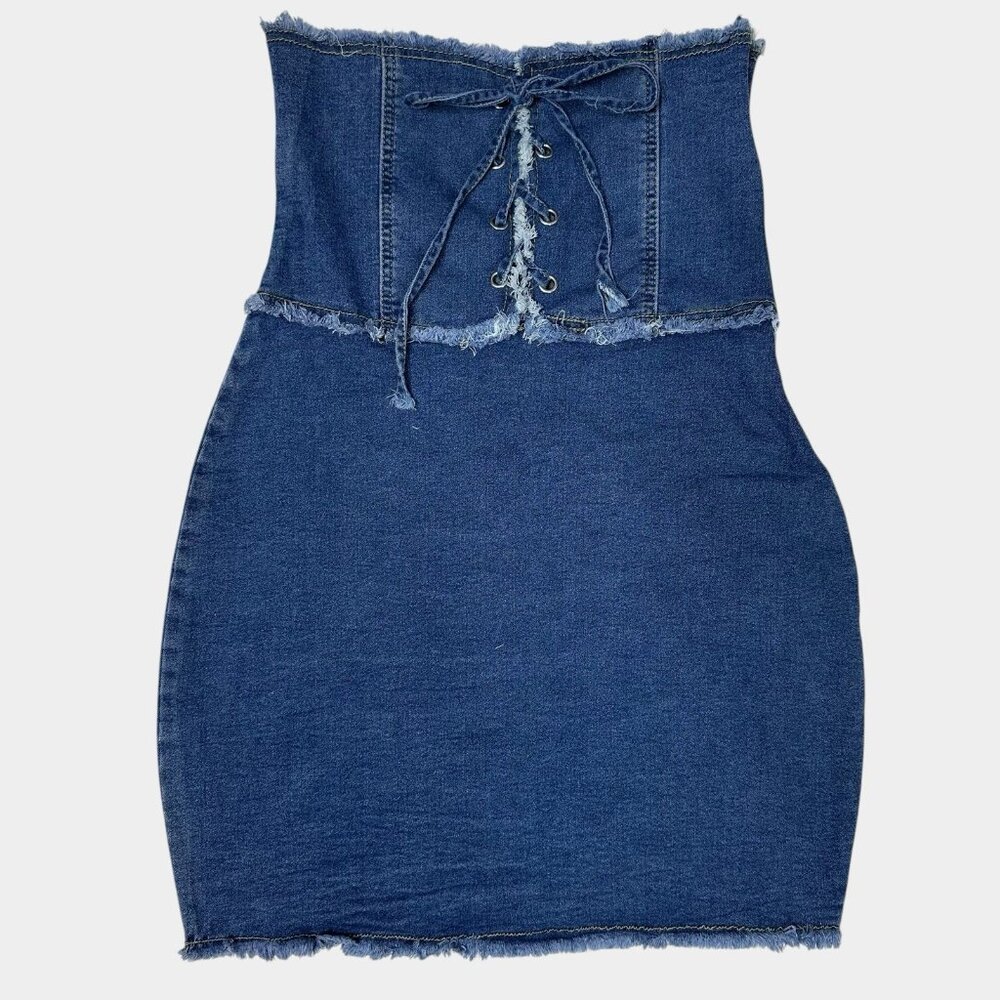 Women Denim Mini Skirt Lace-Up High Waist Size XL Blue Wide Hips Curvy Stretch